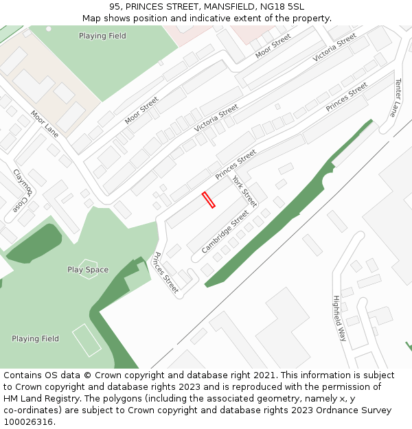 95, PRINCES STREET, MANSFIELD, NG18 5SL: Location map and indicative extent of plot