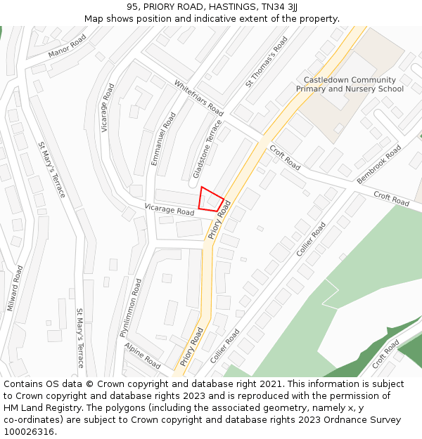 95, PRIORY ROAD, HASTINGS, TN34 3JJ: Location map and indicative extent of plot