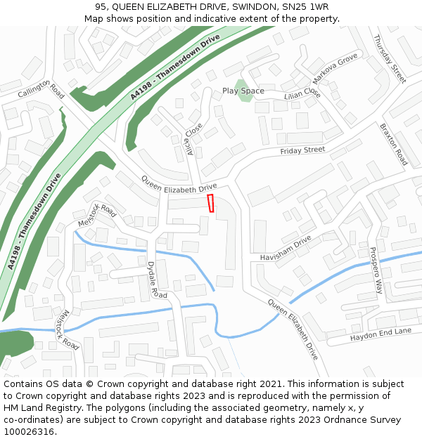 95, QUEEN ELIZABETH DRIVE, SWINDON, SN25 1WR: Location map and indicative extent of plot