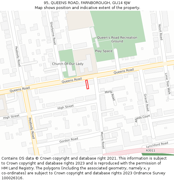 95, QUEENS ROAD, FARNBOROUGH, GU14 6JW: Location map and indicative extent of plot