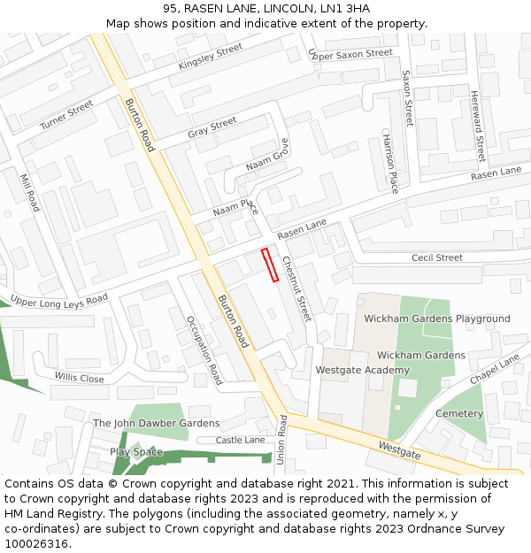 95, RASEN LANE, LINCOLN, LN1 3HA: Location map and indicative extent of plot