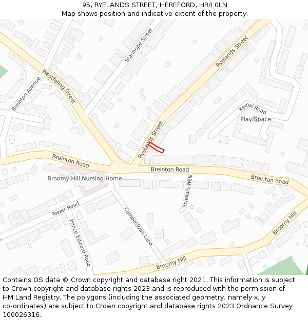95, RYELANDS STREET, HEREFORD, HR4 0LN: Location map and indicative extent of plot