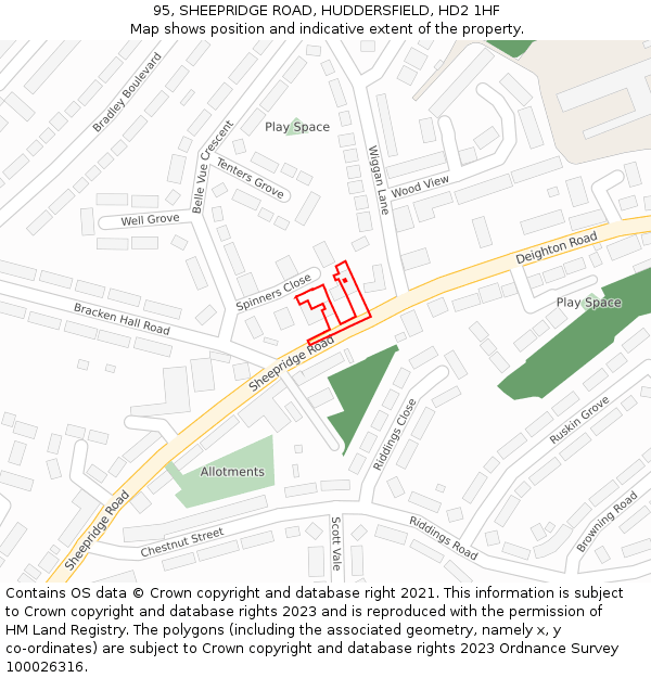 95, SHEEPRIDGE ROAD, HUDDERSFIELD, HD2 1HF: Location map and indicative extent of plot