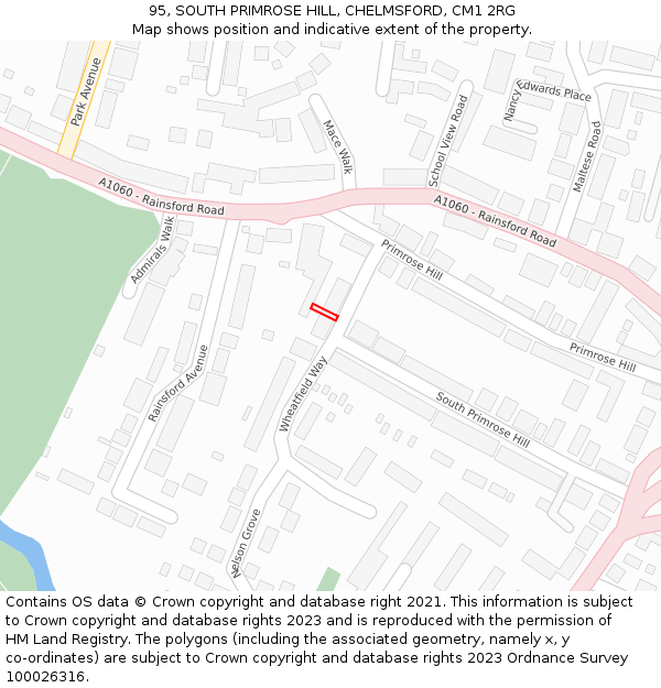 95, SOUTH PRIMROSE HILL, CHELMSFORD, CM1 2RG: Location map and indicative extent of plot