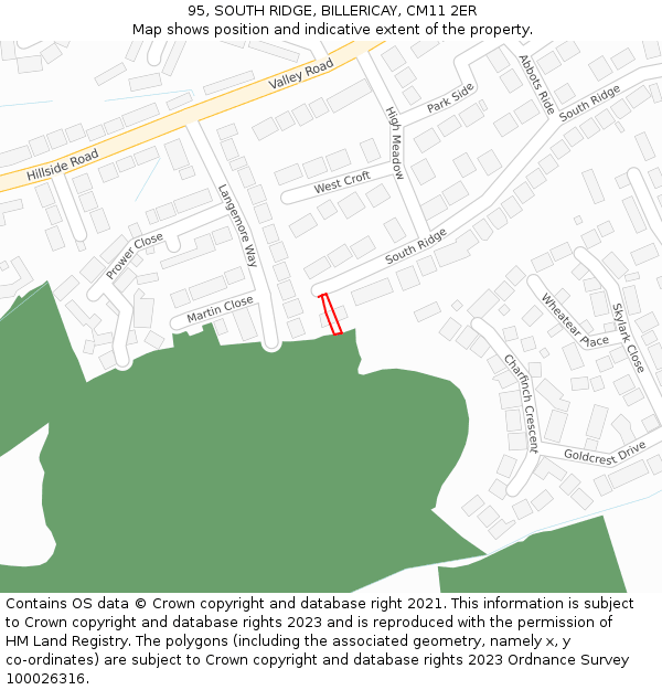 95, SOUTH RIDGE, BILLERICAY, CM11 2ER: Location map and indicative extent of plot