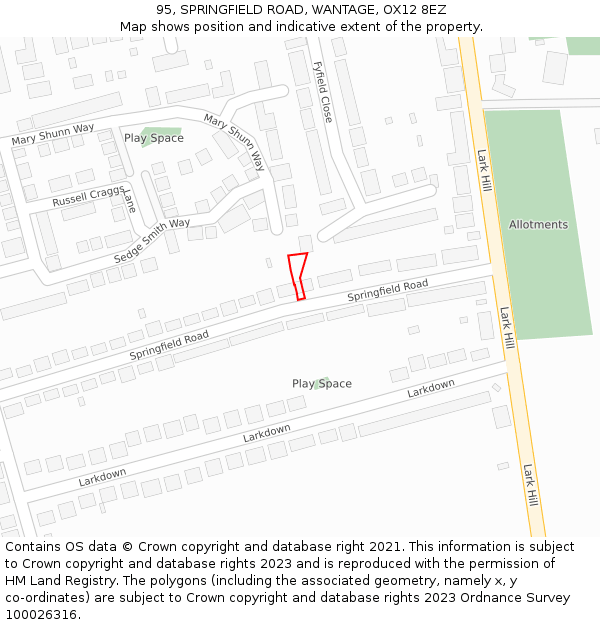 95, SPRINGFIELD ROAD, WANTAGE, OX12 8EZ: Location map and indicative extent of plot