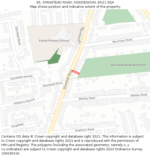 95, STANSTEAD ROAD, HODDESDON, EN11 0QA: Location map and indicative extent of plot