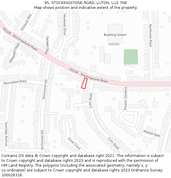 95, STOCKINGSTONE ROAD, LUTON, LU2 7NE: Location map and indicative extent of plot