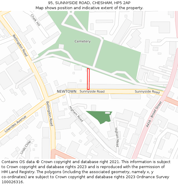 95, SUNNYSIDE ROAD, CHESHAM, HP5 2AP: Location map and indicative extent of plot