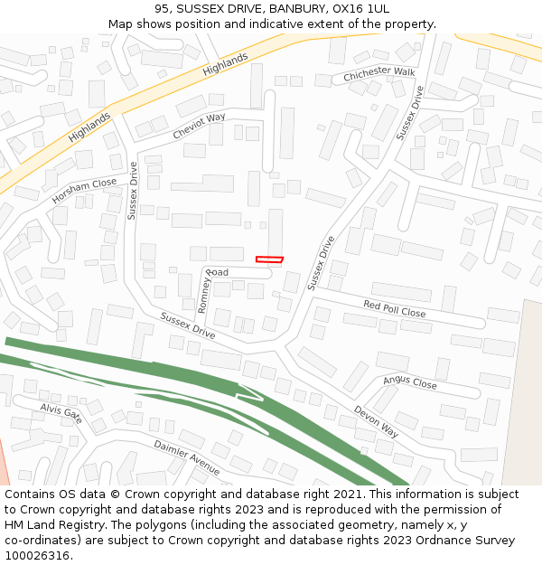 95, SUSSEX DRIVE, BANBURY, OX16 1UL: Location map and indicative extent of plot