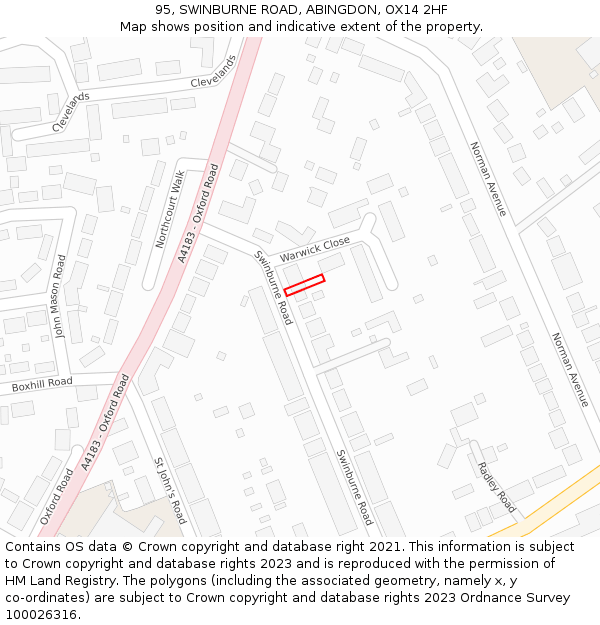 95, SWINBURNE ROAD, ABINGDON, OX14 2HF: Location map and indicative extent of plot