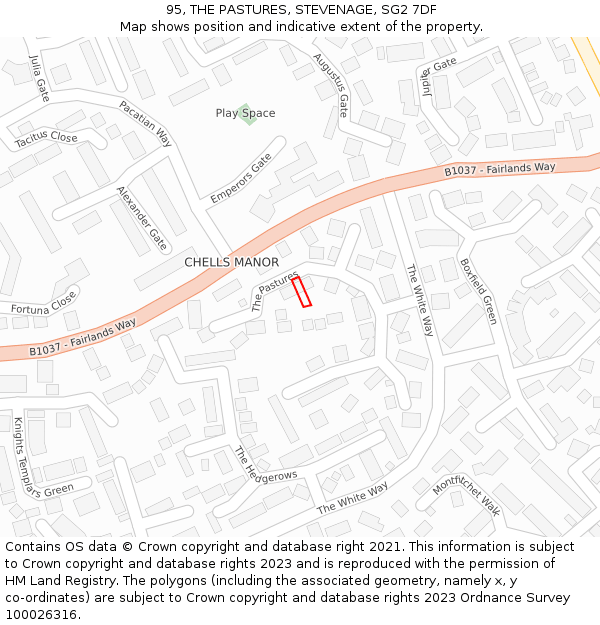 95, THE PASTURES, STEVENAGE, SG2 7DF: Location map and indicative extent of plot