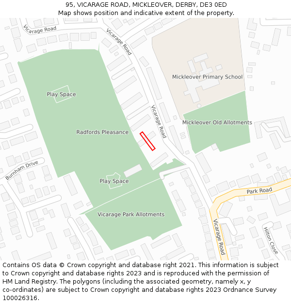 95, VICARAGE ROAD, MICKLEOVER, DERBY, DE3 0ED: Location map and indicative extent of plot