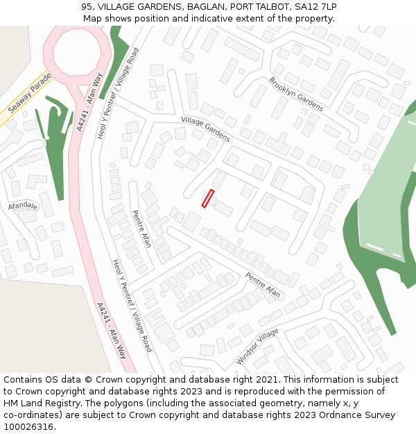 95, VILLAGE GARDENS, BAGLAN, PORT TALBOT, SA12 7LP: Location map and indicative extent of plot