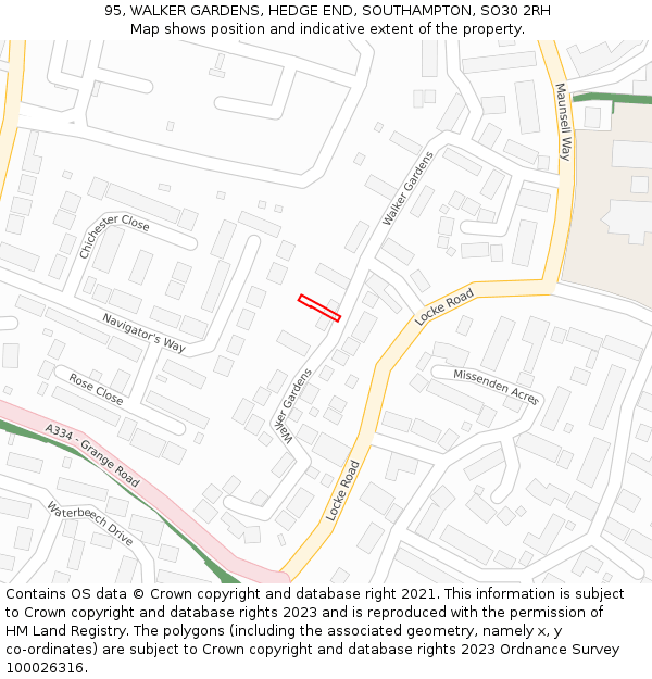 95, WALKER GARDENS, HEDGE END, SOUTHAMPTON, SO30 2RH: Location map and indicative extent of plot