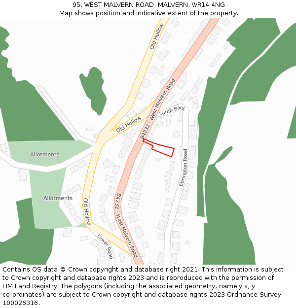 95, WEST MALVERN ROAD, MALVERN, WR14 4NG: Location map and indicative extent of plot
