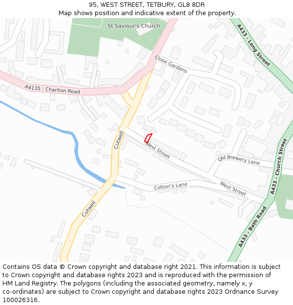95, WEST STREET, TETBURY, GL8 8DR: Location map and indicative extent of plot
