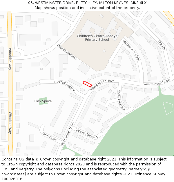 95, WESTMINSTER DRIVE, BLETCHLEY, MILTON KEYNES, MK3 6LX: Location map and indicative extent of plot