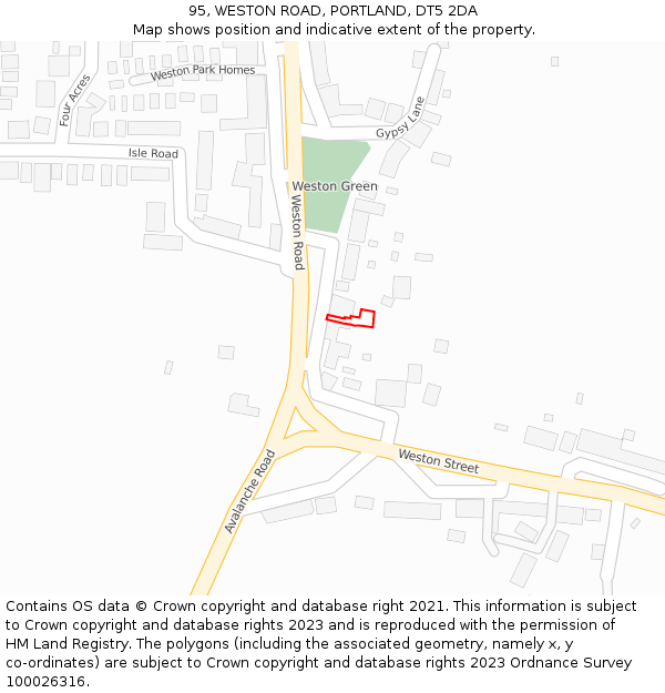95, WESTON ROAD, PORTLAND, DT5 2DA: Location map and indicative extent of plot