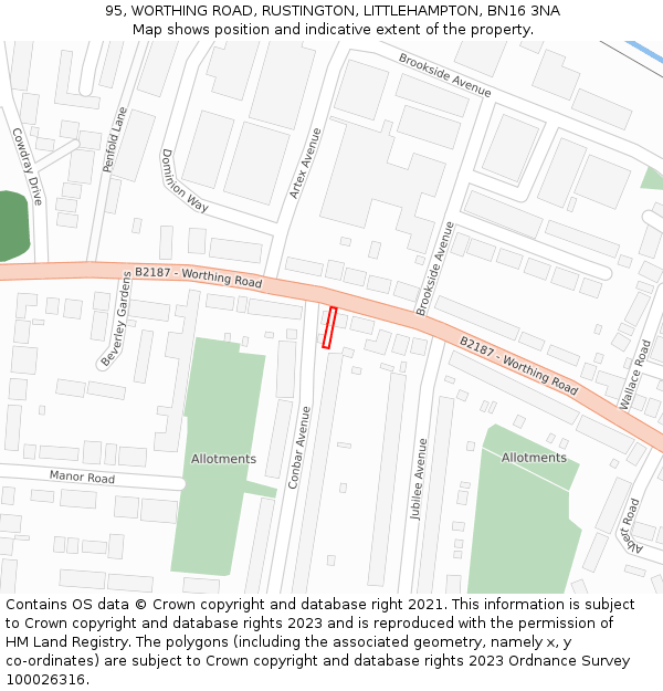 95, WORTHING ROAD, RUSTINGTON, LITTLEHAMPTON, BN16 3NA: Location map and indicative extent of plot