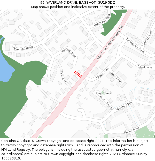 95, YAVERLAND DRIVE, BAGSHOT, GU19 5DZ: Location map and indicative extent of plot