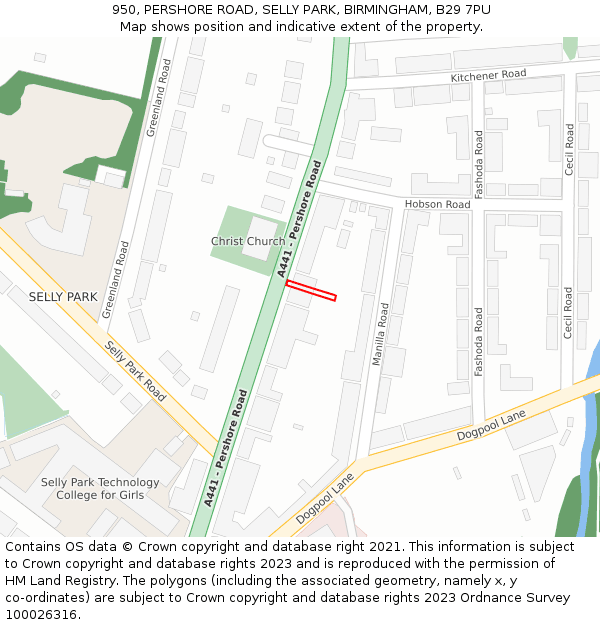 950, PERSHORE ROAD, SELLY PARK, BIRMINGHAM, B29 7PU: Location map and indicative extent of plot