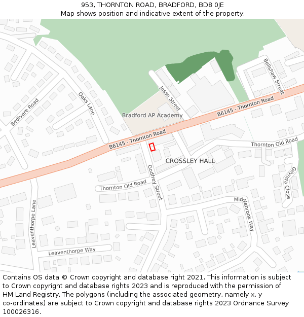 953, THORNTON ROAD, BRADFORD, BD8 0JE: Location map and indicative extent of plot