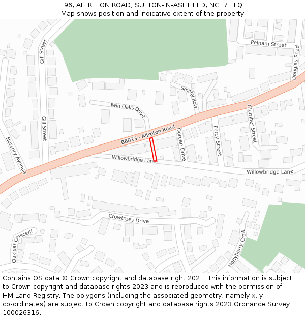 96, ALFRETON ROAD, SUTTON-IN-ASHFIELD, NG17 1FQ: Location map and indicative extent of plot