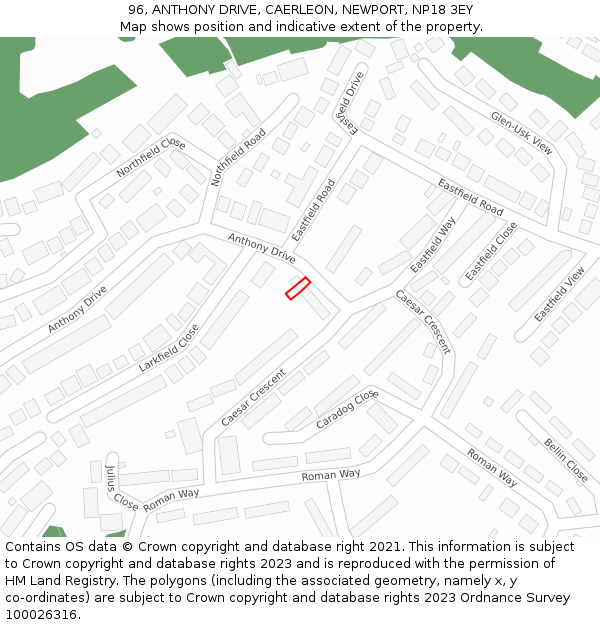 96, ANTHONY DRIVE, CAERLEON, NEWPORT, NP18 3EY: Location map and indicative extent of plot