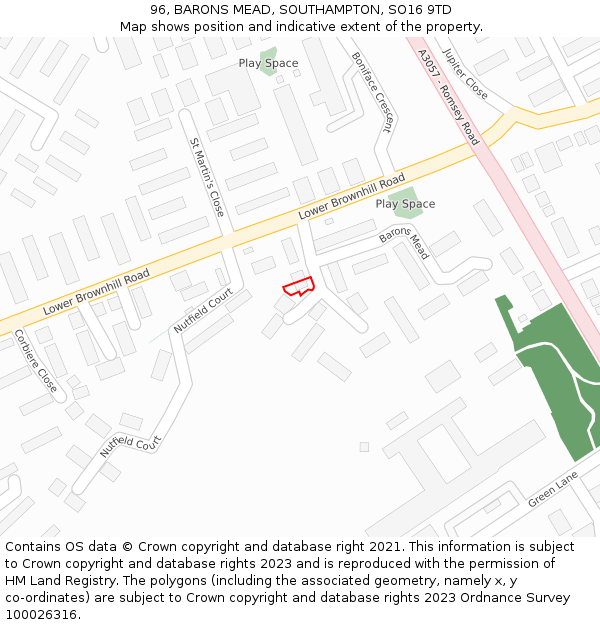 96, BARONS MEAD, SOUTHAMPTON, SO16 9TD: Location map and indicative extent of plot
