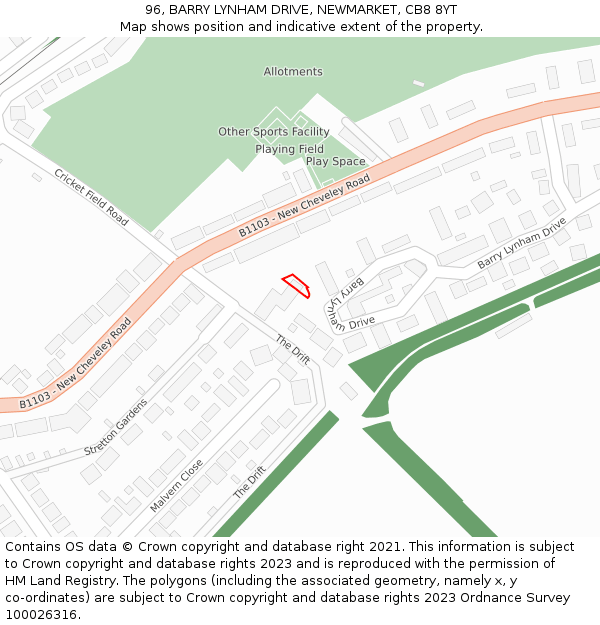 96, BARRY LYNHAM DRIVE, NEWMARKET, CB8 8YT: Location map and indicative extent of plot