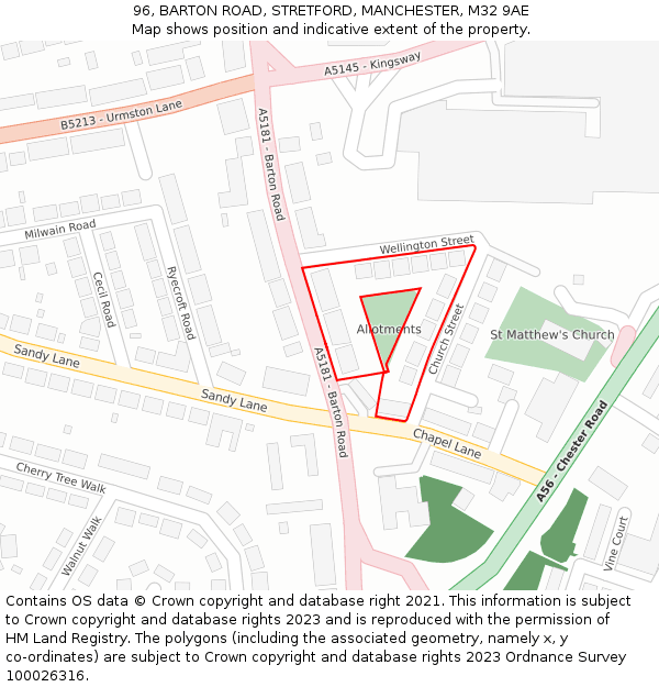 96, BARTON ROAD, STRETFORD, MANCHESTER, M32 9AE: Location map and indicative extent of plot