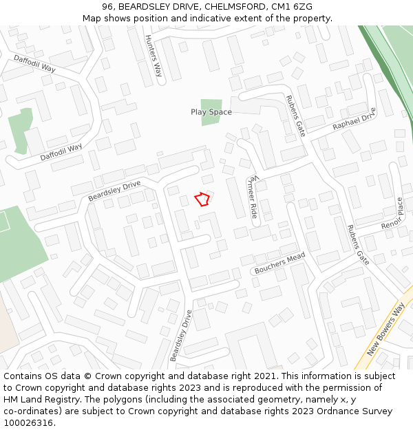 96, BEARDSLEY DRIVE, CHELMSFORD, CM1 6ZG: Location map and indicative extent of plot
