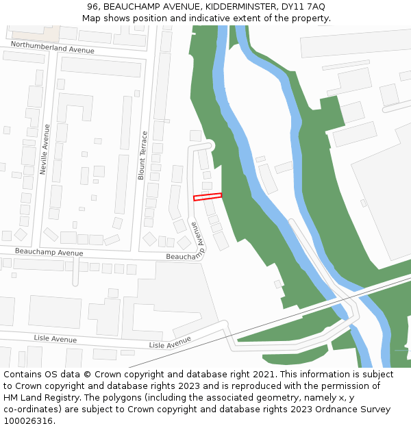 96, BEAUCHAMP AVENUE, KIDDERMINSTER, DY11 7AQ: Location map and indicative extent of plot