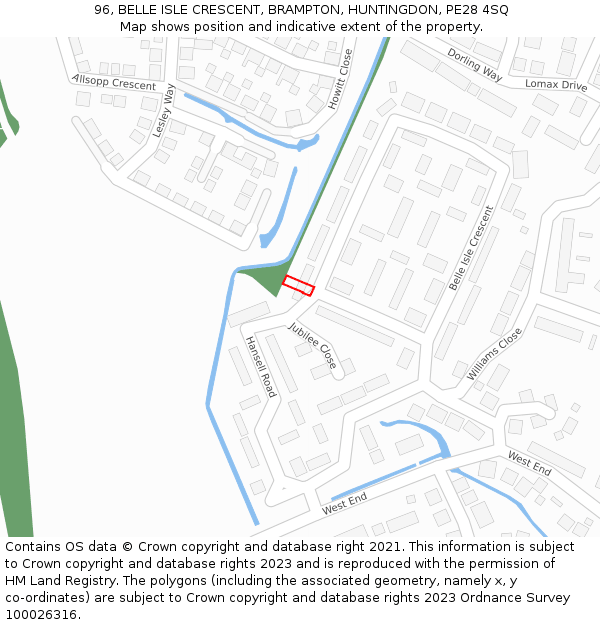 96, BELLE ISLE CRESCENT, BRAMPTON, HUNTINGDON, PE28 4SQ: Location map and indicative extent of plot