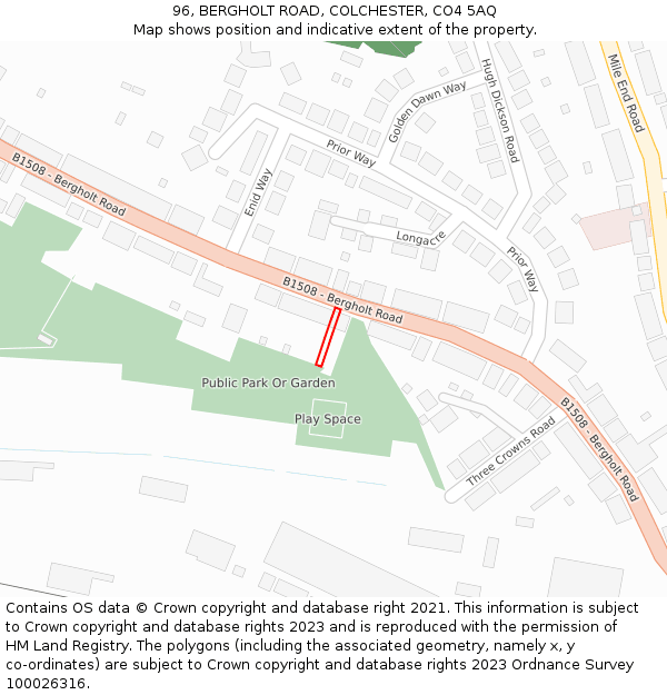 96, BERGHOLT ROAD, COLCHESTER, CO4 5AQ: Location map and indicative extent of plot