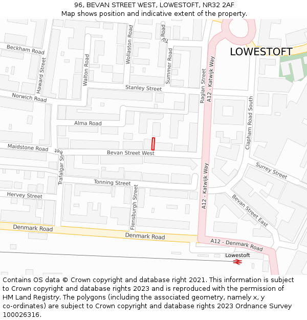 96, BEVAN STREET WEST, LOWESTOFT, NR32 2AF: Location map and indicative extent of plot