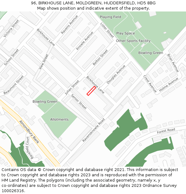 96, BIRKHOUSE LANE, MOLDGREEN, HUDDERSFIELD, HD5 8BG: Location map and indicative extent of plot
