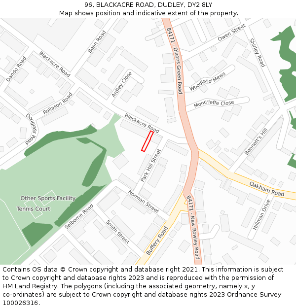 96, BLACKACRE ROAD, DUDLEY, DY2 8LY: Location map and indicative extent of plot