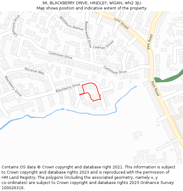 96, BLACKBERRY DRIVE, HINDLEY, WIGAN, WN2 3JU: Location map and indicative extent of plot