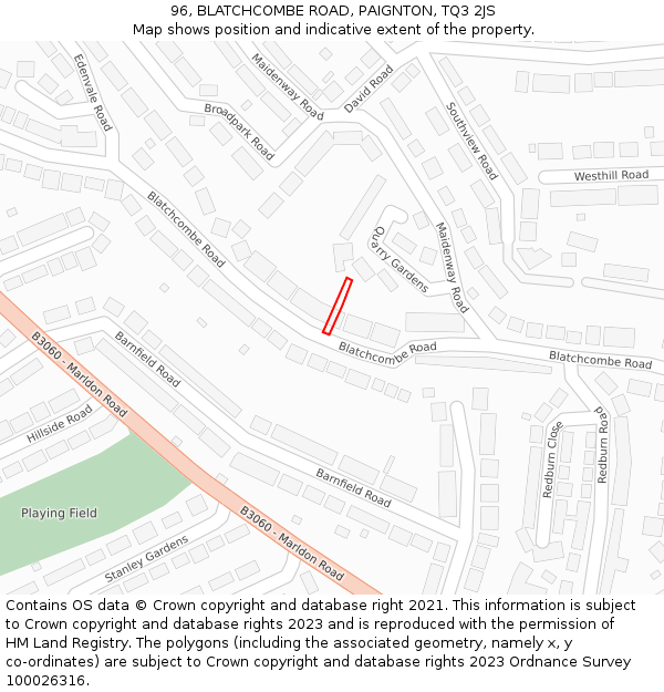 96, BLATCHCOMBE ROAD, PAIGNTON, TQ3 2JS: Location map and indicative extent of plot
