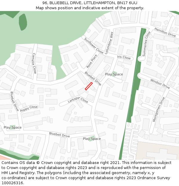 96, BLUEBELL DRIVE, LITTLEHAMPTON, BN17 6UU: Location map and indicative extent of plot