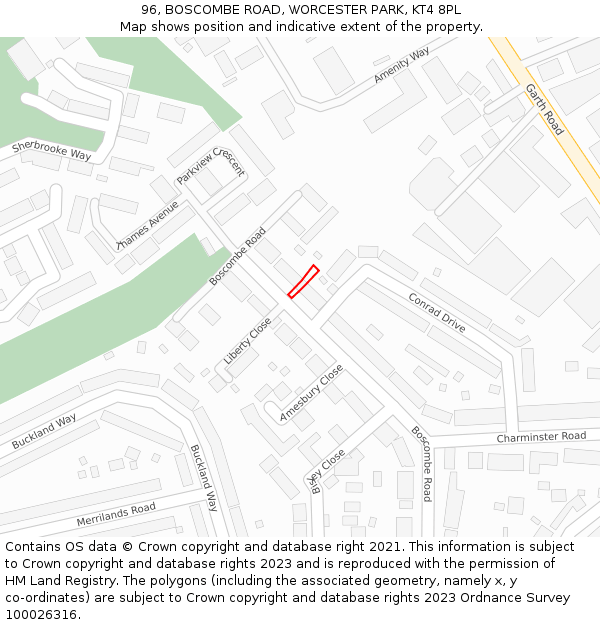 96, BOSCOMBE ROAD, WORCESTER PARK, KT4 8PL: Location map and indicative extent of plot
