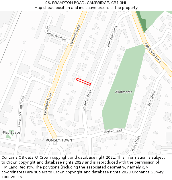 96, BRAMPTON ROAD, CAMBRIDGE, CB1 3HL: Location map and indicative extent of plot