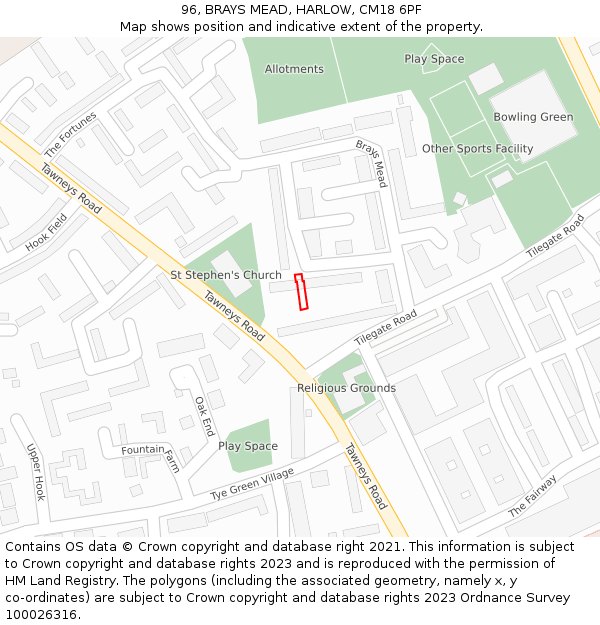 96, BRAYS MEAD, HARLOW, CM18 6PF: Location map and indicative extent of plot