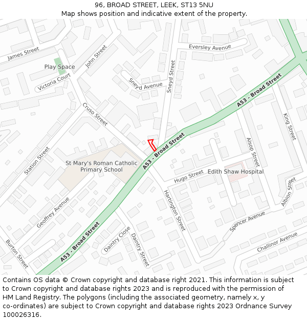 96, BROAD STREET, LEEK, ST13 5NU: Location map and indicative extent of plot