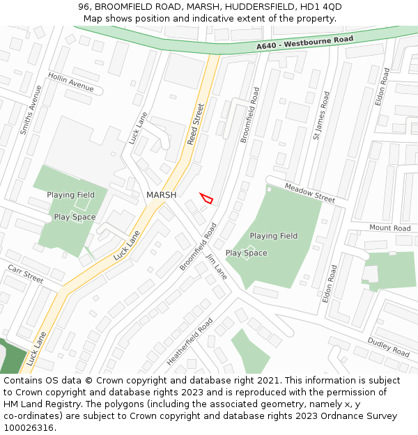 96, BROOMFIELD ROAD, MARSH, HUDDERSFIELD, HD1 4QD: Location map and indicative extent of plot
