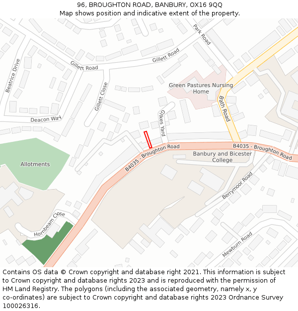 96, BROUGHTON ROAD, BANBURY, OX16 9QQ: Location map and indicative extent of plot