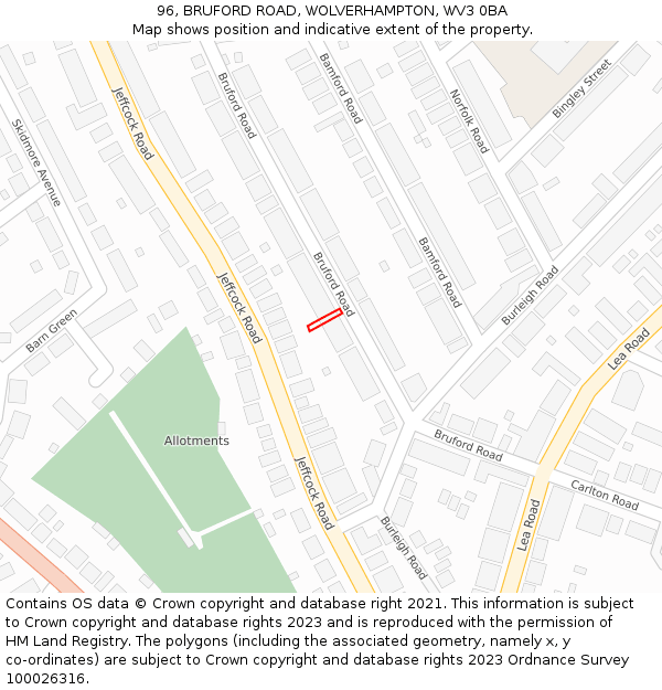 96, BRUFORD ROAD, WOLVERHAMPTON, WV3 0BA: Location map and indicative extent of plot