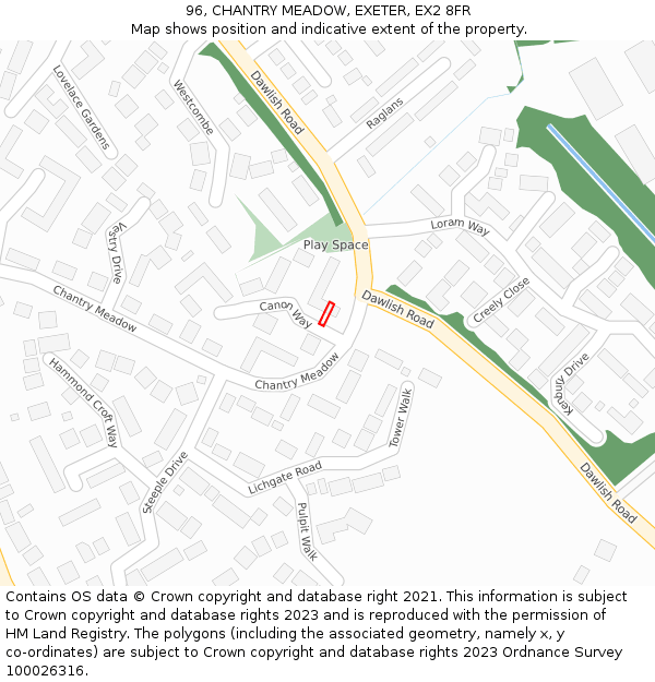 96, CHANTRY MEADOW, EXETER, EX2 8FR: Location map and indicative extent of plot